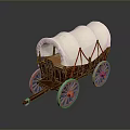 Vintage Covered Wagon With White Canvas Cover Wooden Frame And Orange Wheels
