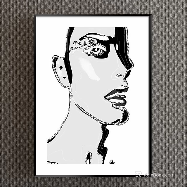 Black And White Abstract Portrait Ink Drawing With Contour Lines And Facial Features 3d model 