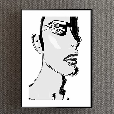 Black And White Abstract Portrait Ink Drawing With Contour Lines And Facial Features 3d model