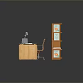 Wooden Office Desk With Laptop Papers And Multi tiered Bookshelf Full Of Colored Books