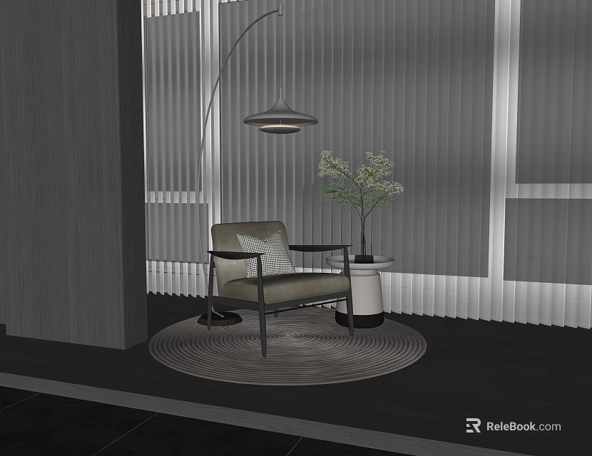 Modern Single Sofa Interior With Floor Lamp Side Table Plant Rug And Blinds 3d model 