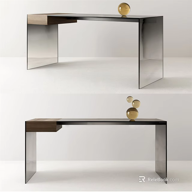 Modern Desk With Wooden Top And Metal Legs Featuring Gold Decorative Orbs 3d model 