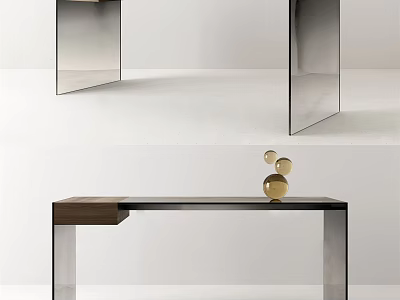Modern Desk With Wooden Top And Metal Legs Featuring Gold Decorative Orbs 3d model