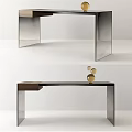 Modern Desk With Wooden Top And Metal Legs Featuring Gold Decorative Orbs
