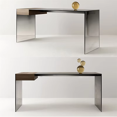 Modern Desk With Wooden Top And Metal Legs Featuring Gold Decorative Orbs 3d model