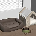 Cozy Pet Bed And Wooden Pet House With Food Bowl On Wooden Floor Near Window