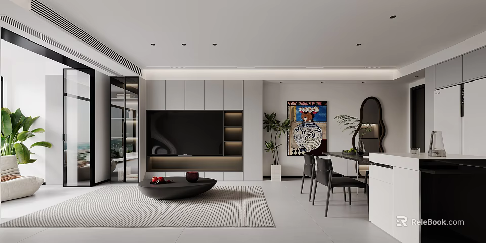 Modern Dining Living Room Interior With TV Wall Dining Table Artwork And Plants 3d model 