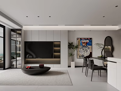 Modern Dining Living Room Interior With TV Wall Dining Table Artwork And Plants 3d model