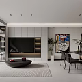 Modern Dining Living Room Interior With TV Wall Dining Table Artwork And Plants