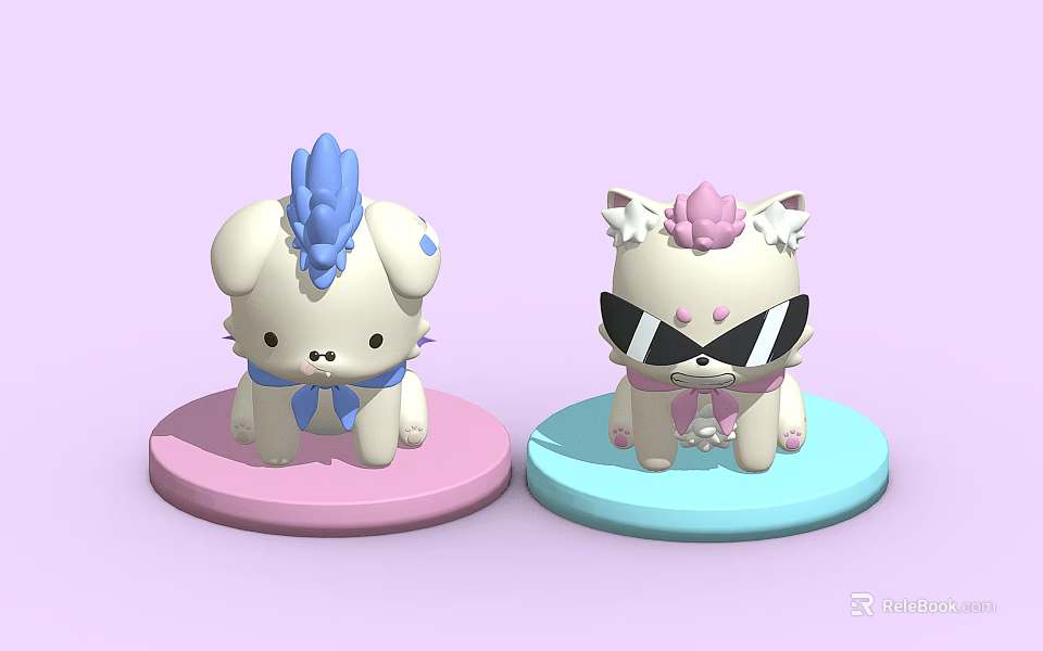 Children's Cute Cartoon Dog And Cat Toys With Hair Sunglasses On Pink Blue Bases 3d model 