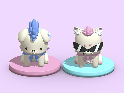 Children's Cute Cartoon Dog And Cat Toys With Hair Sunglasses On Pink Blue Bases 3d model