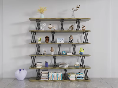 Modern Multi Tiered Bookcase With Metal Frames Wooden Shelves Books And Decorative Figurines 3d model