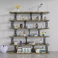 Modern Multi Tiered Bookcase With Metal Frames Wooden Shelves Books And Decorative Figurines