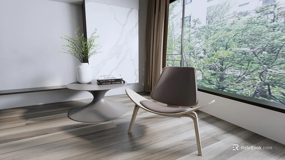 Modern Leisure Chair With Wooden Frame Brown Cushion Beside Coffee Table Plants Near Window 3d model 