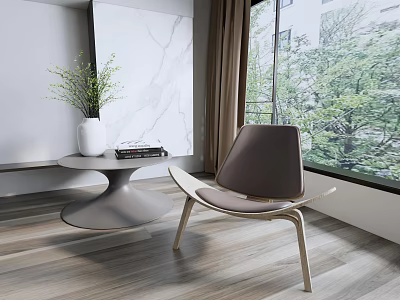 Modern Leisure Chair With Wooden Frame Brown Cushion Beside Coffee Table Plants Near Window 3d model