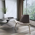 Modern Leisure Chair With Wooden Frame Brown Cushion Beside Coffee Table Plants Near Window