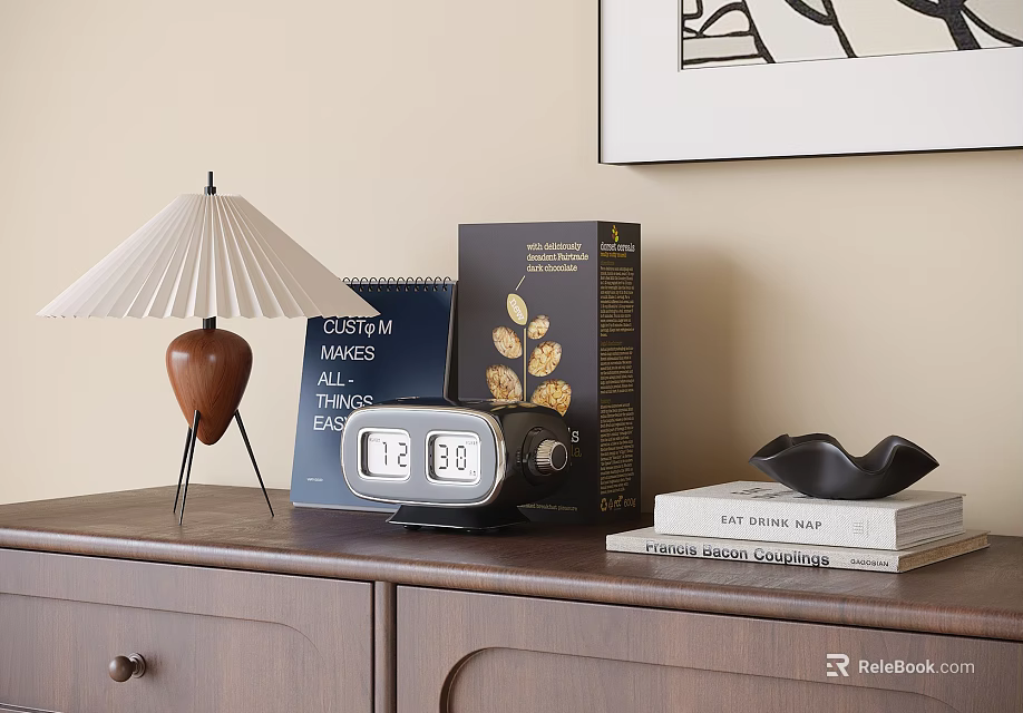 Decorative Ornament Set with Table Lamp Calendar Clock Black Bowl and Books on Wooden Cabinet 3d model 