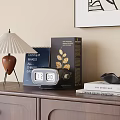Decorative Ornament Set with Table Lamp Calendar Clock Black Bowl and Books on Wooden Cabinet