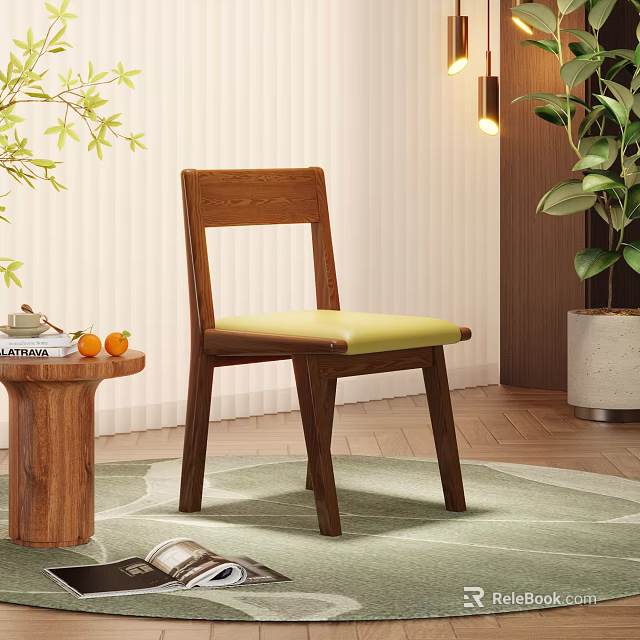 Wooden Dining Chair With Light Green Upholstered Seat In Cozy Modern Interior 3d model 