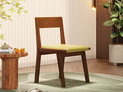 Wooden Dining Chair With Light Green Upholstered Seat In Cozy Modern Interior 3d model