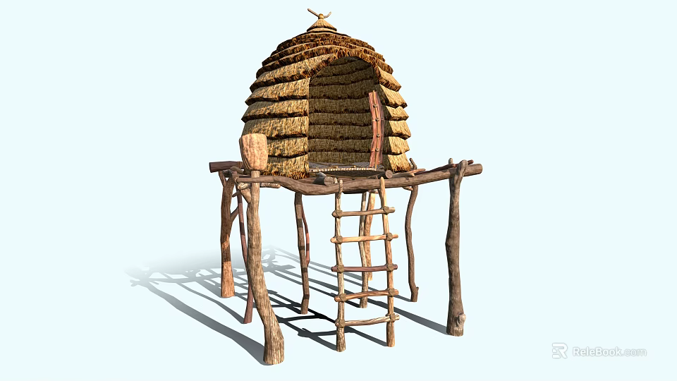 Traditional Beehive Shaped Thatched Hut With Wooden Supports And Climbing Ladder 3d model 