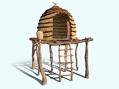 Traditional Beehive Shaped Thatched Hut With Wooden Supports And Climbing Ladder 3d model