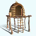 Traditional Beehive Shaped Thatched Hut With Wooden Supports And Climbing Ladder