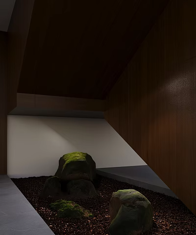 Fresh Flowers and Green Plants in Cozy Corner with Wooden Walls Natural Light and Stone Decor 3d model