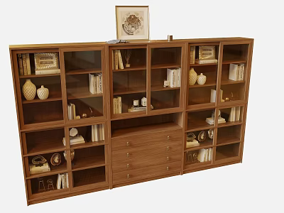 Classic Wooden Bookcase With Multiple Compartments Drawers Books Decorative Items And Framed Art On Top 3d model