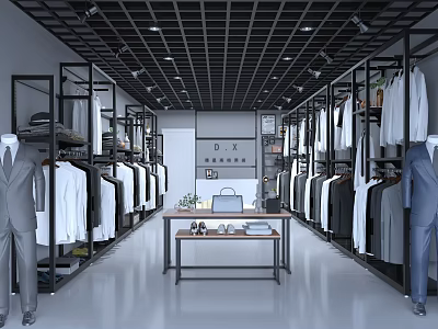 Modern Men's Clothing Store Interior With Racks Of Suits Shirts Mannequins And Central Table 3d model