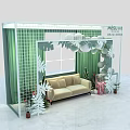 Stylish Photo Check-in Spot With Green Curtains White Grid Frame Beige Sofa And Cactus