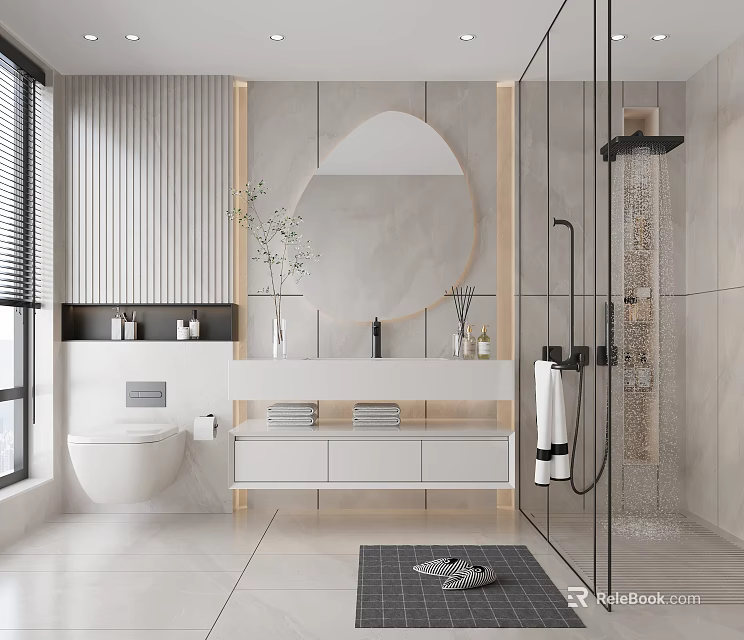 Modern Bathroom Interior With Round Mirror Vanity Glass Shower And Marble Tiles 3d model 
