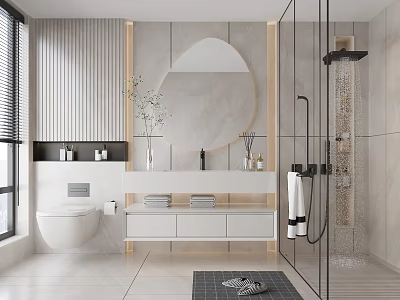 Modern Bathroom Interior With Round Mirror Vanity Glass Shower And Marble Tiles 3d model