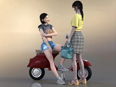 Two Women Chatting One Sitting On Red Scooter Other Holding Blue Handbag 3d model