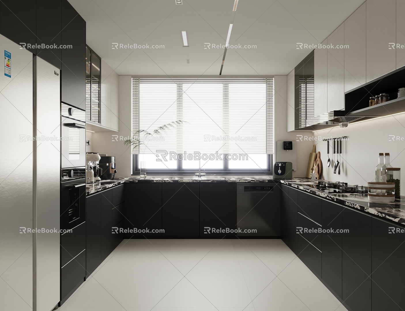 Minimalist black and white ash kitchen 3d model