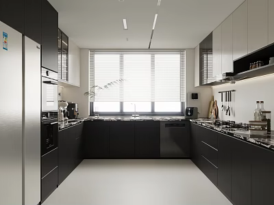 Modern Kitchen Interior With Black Cabinets White Countertops Window Blinds And Stainless Steel Appliances 3d model