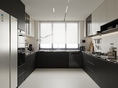 Minimalist black and white ash kitchen 3d model