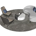 Modern Curved White Sofa Coffee Table Combination With Brown Armchairs Blue Cushions And Gray Rug