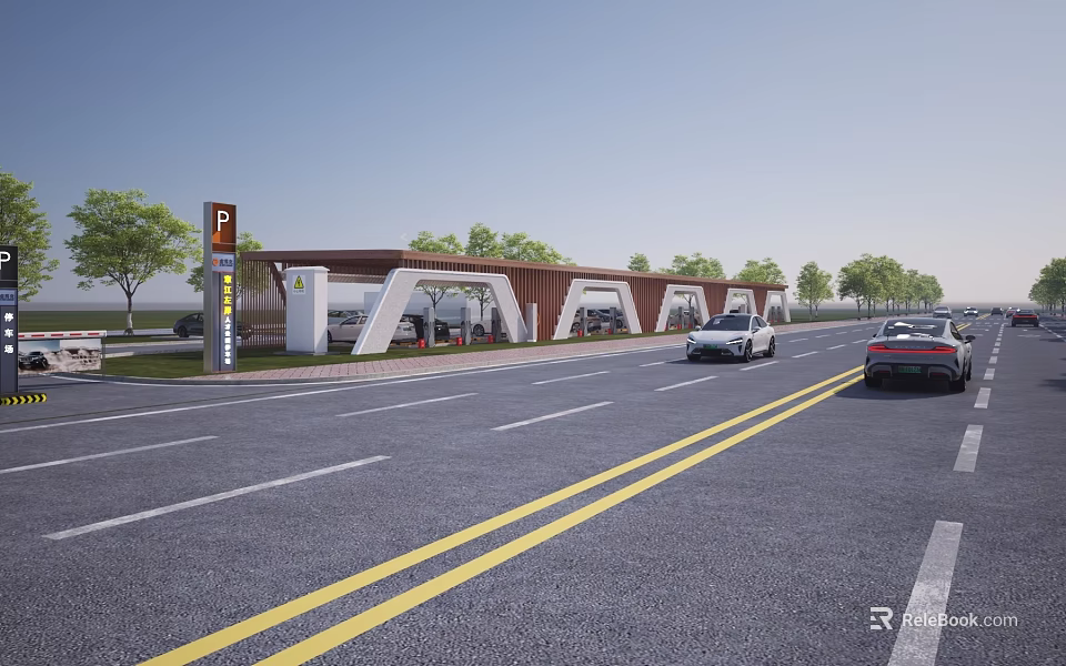 Ecological Parking Lot With Trees Charging Stations Parking Sign And Cars 3d model 