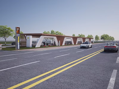 Ecological Parking Lot With Trees Charging Stations Parking Sign And Cars 3d model