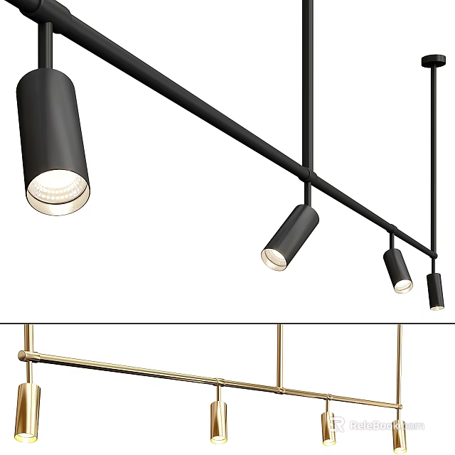 Stylish Modern Track Mounted Downlights And Spotlights In Black And Gold 3d model 