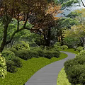 Serene Courtyard Garden Landscape With Lush Trees Green Lawn And Stone Pathways