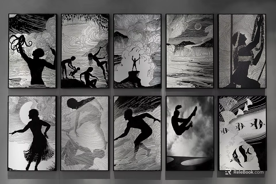 Black and White Silhouette Figure Paintings Featuring Diverse Poses Natural Landscapes And Multiple Display Panels 3d model 