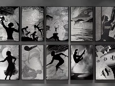 Black and White Silhouette Figure Paintings Featuring Diverse Poses Natural Landscapes And Multiple Display Panels 3d model