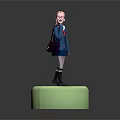 Pink Haired 3D Character In Blue Uniform With Red Bowtie And Purple Bag On Green Circular Base