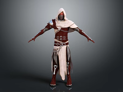 Hooded Character In Red White Outfit With Demon Mask And Armor Standing Pose 3d model
