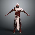 Hooded Character In Red White Outfit With Demon Mask And Armor Standing Pose
