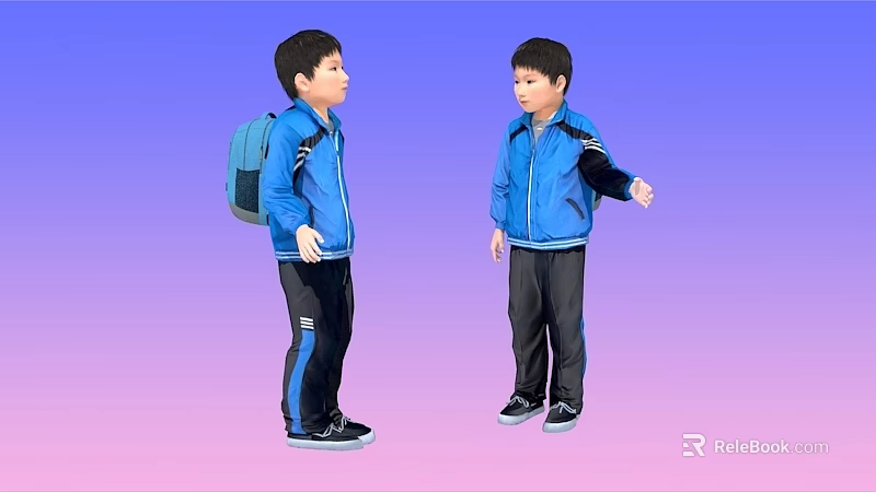 Men in Blue Jackets and Black Pants Carrying Backpacks Against Gradient Purple Pink Background 3d model 