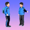 Men in Blue Jackets and Black Pants Carrying Backpacks Against Gradient Purple Pink Background