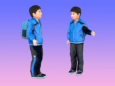 Men in Blue Jackets and Black Pants Carrying Backpacks Against Gradient Purple Pink Background 3d model